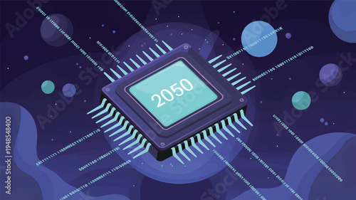 Futuristic computer processor with binary code and planet's computer chip microchip technology