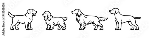 Four full body dog silhouettes standing in profile on gray background