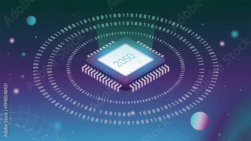 Central processing unit with the year 2050 and binary code in a digital space computer chip processor 