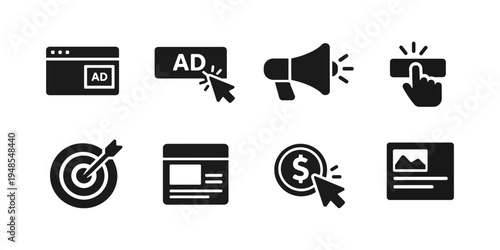 Digital Marketing, Advertising, Click, Strategy, Solid Black Icon Set Vector Illustration