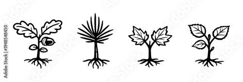 Varied young plant icons with roots on dark gradient background