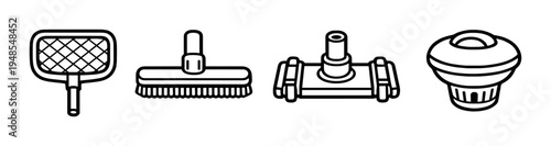 Pool cleaning tool attachments displayed on dark background