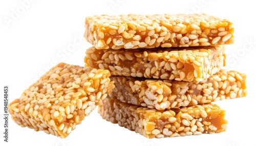 A stack of golden, sesame-seed-covered brittle squares sits against a white backdrop, some leaning