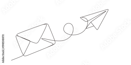 Continuous one line drawing of envelope mail with airplane paper. Single line draw design graphic vector illustration