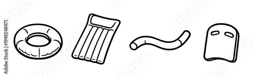 Pool float and swimming aids arranged on dark background