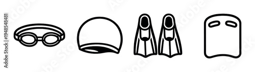 Swimming goggles, swim cap, fins and kickboard icons on background