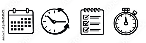 Calendar clock checklist and stopwatch icons on gray background