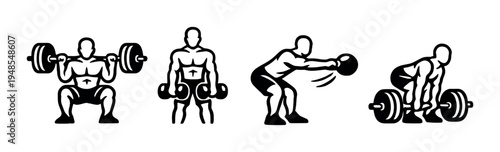 Four weightlifting figures performing exercises on gray background