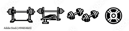 Barbell rack bench dumbbells and plate on dark background