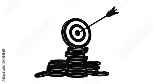 Silhouette of a target with an arrow in the bullseye sitting on a stack of coins, representing financial success.