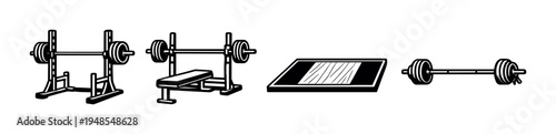 Bench press rack bench mat and barbell on gray background