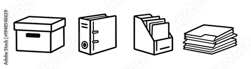 Storage box binder file sorter and stacked folders on gray background