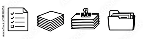 Checklist paper stacked pages and folder on dark background