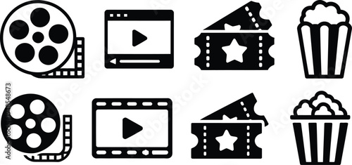 Collection of entertainment icons including film, music, and video elements