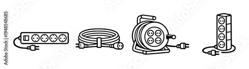 Power strip extension cord reel and tower icons on gray background