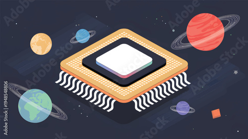 Central processor chip in space with planets and stars, a computer chip galaxy