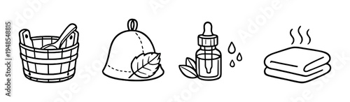 Spa accessory icons showing bucket hat oil and towels on dark backdrop