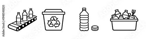 Bottles on conveyor with recycling bin and loose bottle