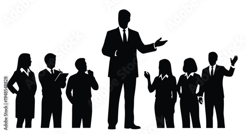 Business team meeting presentation leadership concept with silhouetted professionals standing together in discussion with one leader presenting ideas in office setting