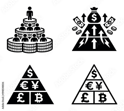 Four financial pyramid icons showing wealth flow on dark background
