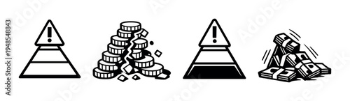 Four money icons showing cracked coins, banknote piles, faded pyramids