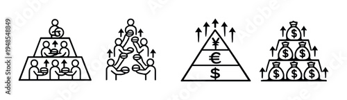 Four pyramid icons showing people exchanging money and currency tiers