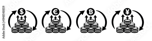 Coin stacks with currency symbols and circular arrows on gray field