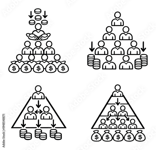 Pyramid diagrams of people and money on gray gradient background