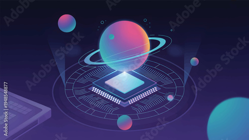 Isometric digital planet on a circuit board with orbiting spheres, a technology processor