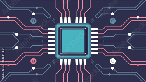 Central computer chip with radiating blue and pink circuit board lines, technology microchip