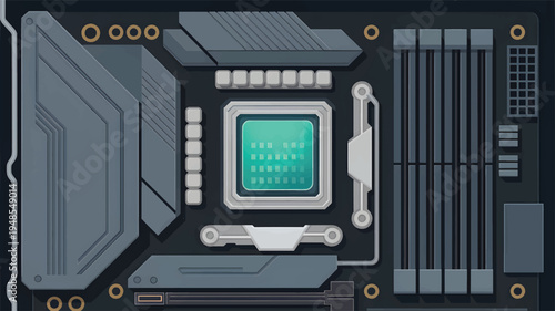 Close up of a stylized computer motherboard circuit board with teal processor technology electronic
