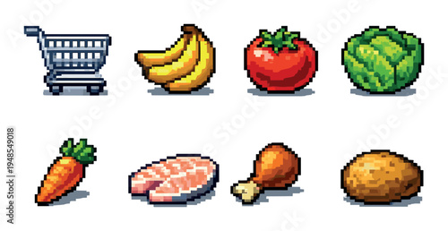 Pixel grocery icons displaying food items on gray backdrop