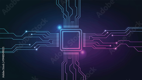 Central processor chip with glowing circuit board connections, technology computer
