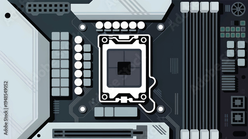Close-up abstract view of a computer motherboard circuit board, computer hardware technology