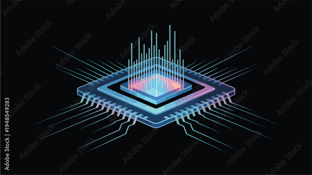 Fototapeta premium Isometric glowing computer processor chip with radiating lines, computer chip, microchip technology