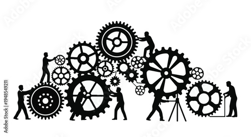 Team of people working together on large mechanical gears and cogs in industrial setting with engineering and manufacturing concept