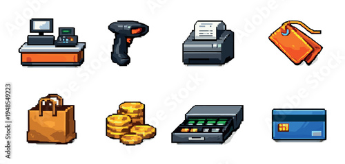 Retail equipment and payment icons displayed on neutral background