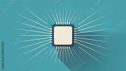 Central processing unit with radiating lines and shadow on a blue background, a processor microchip