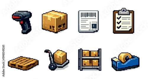 Warehouse and shipping icons displayed in grid on gray background