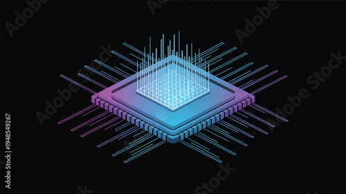 Isometric computer processor chip with glowing blue and purple light rays, computer chip microchip