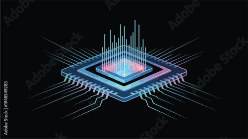 Isometric glowing computer processor chip with radiating lines, computer chip, microchip technology
