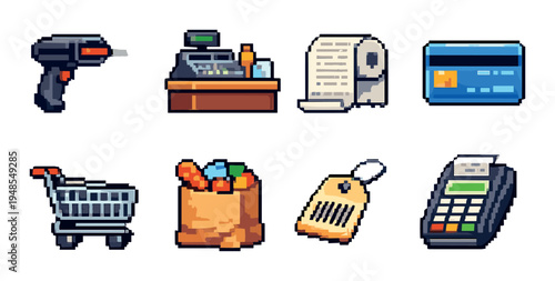 Retail checkout icons arranged in grid on neutral background