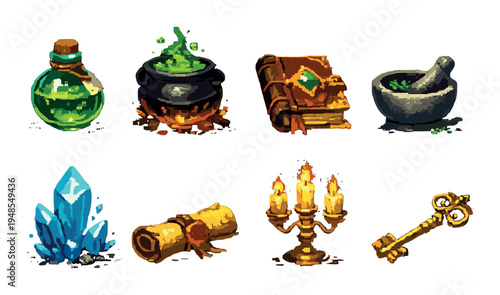 Alchemy and ritual items arranged on dark mystical background