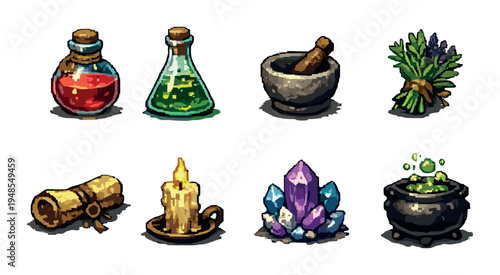 Alchemy items arranged in grid on dark gradient background