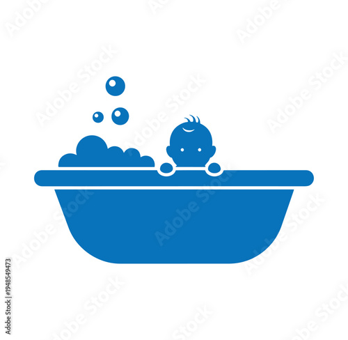 blue cartoon baby in bathtub with bubbles isolated on white background