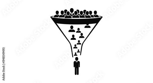 Business recruitment concept with funnel channeling many people to one successful candidate, symbolizing selection process and talent acquisition in corporate hiring