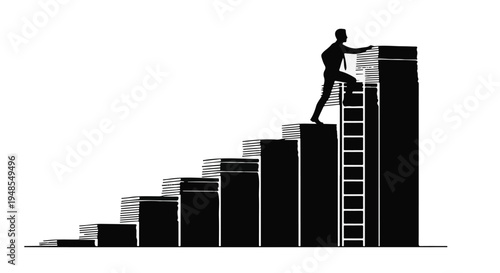 Businessman climbing success ladder to reach top of growing bar chart graph, achieving career goals and professional growth in corporate finance and leadership
