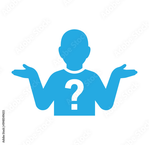 Blue silhouette of a person with question mark on shirt shrugging and looking confused