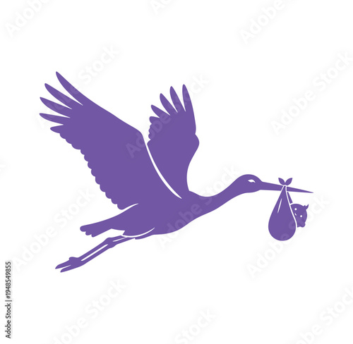 Purple stork flying with a baby in a cloth bag