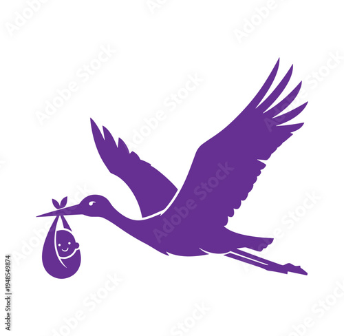 Purple stork flying with a baby in a cloth bundle